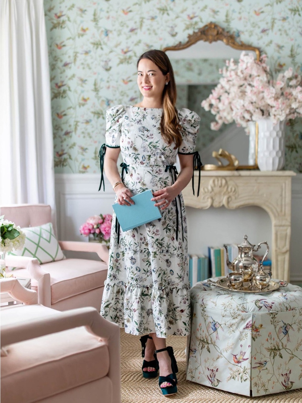 ANTONIO MELANI X Nicola Bathie Floral Puff-Sleeve Midi Dress with Green Bow Ties - Picture 1 of 5